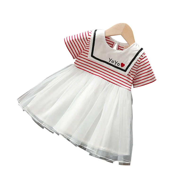 

Girl's Square-neck Short Sleeve Casual Brife Style Red and White Stripes Design Summer Dresses A-line Little Girl's Dresses
