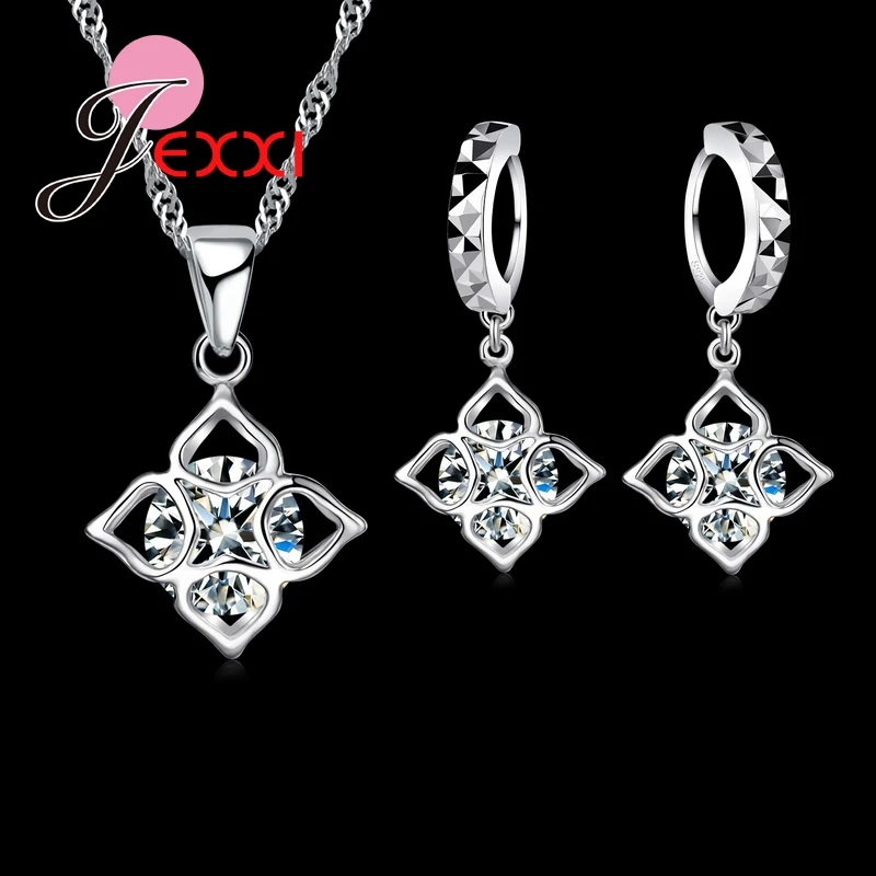 

Lady New Fashion Crystal Jewelry Sets hollow Square 925 Sterling Silver Weddings/ Engagements Necklace Pendant Earrings Sets