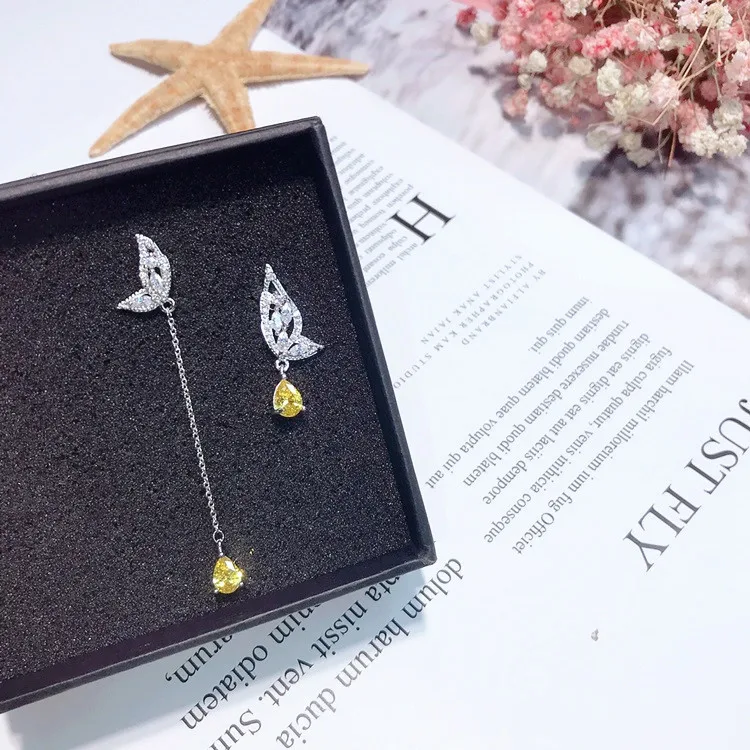 Асимметричная Бабочка Желтая Капля воды фианит серьги 925 Серебряный пост