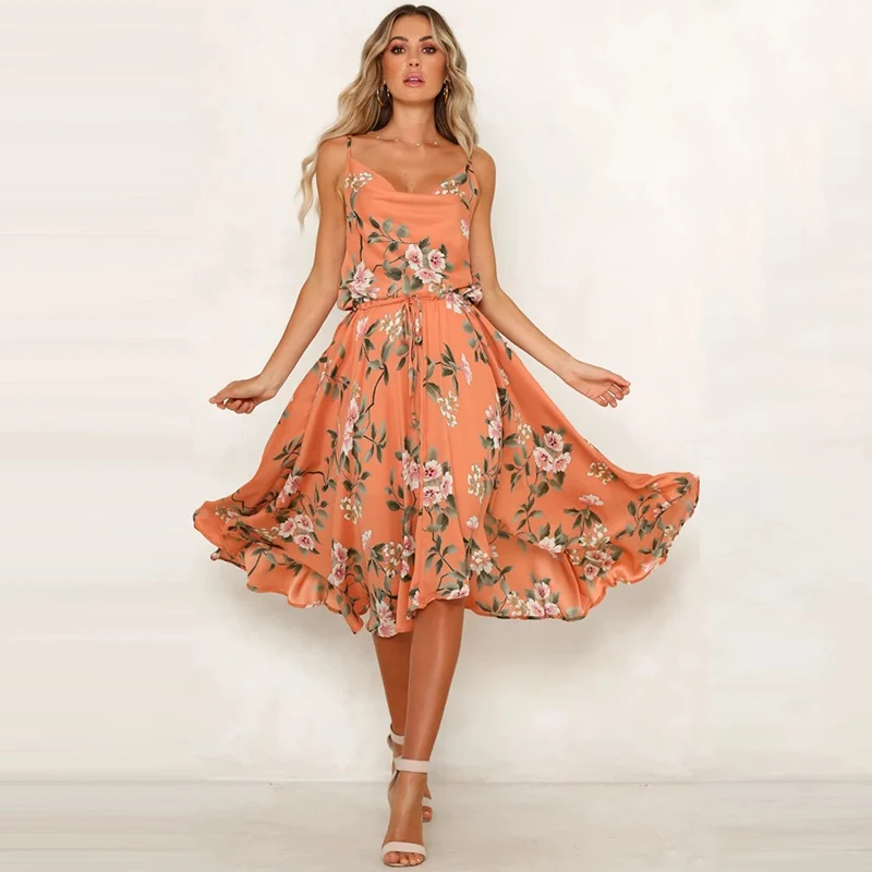 Женское пляжное платье в стиле бохо без рукавов с поясом цветочным принтом лето