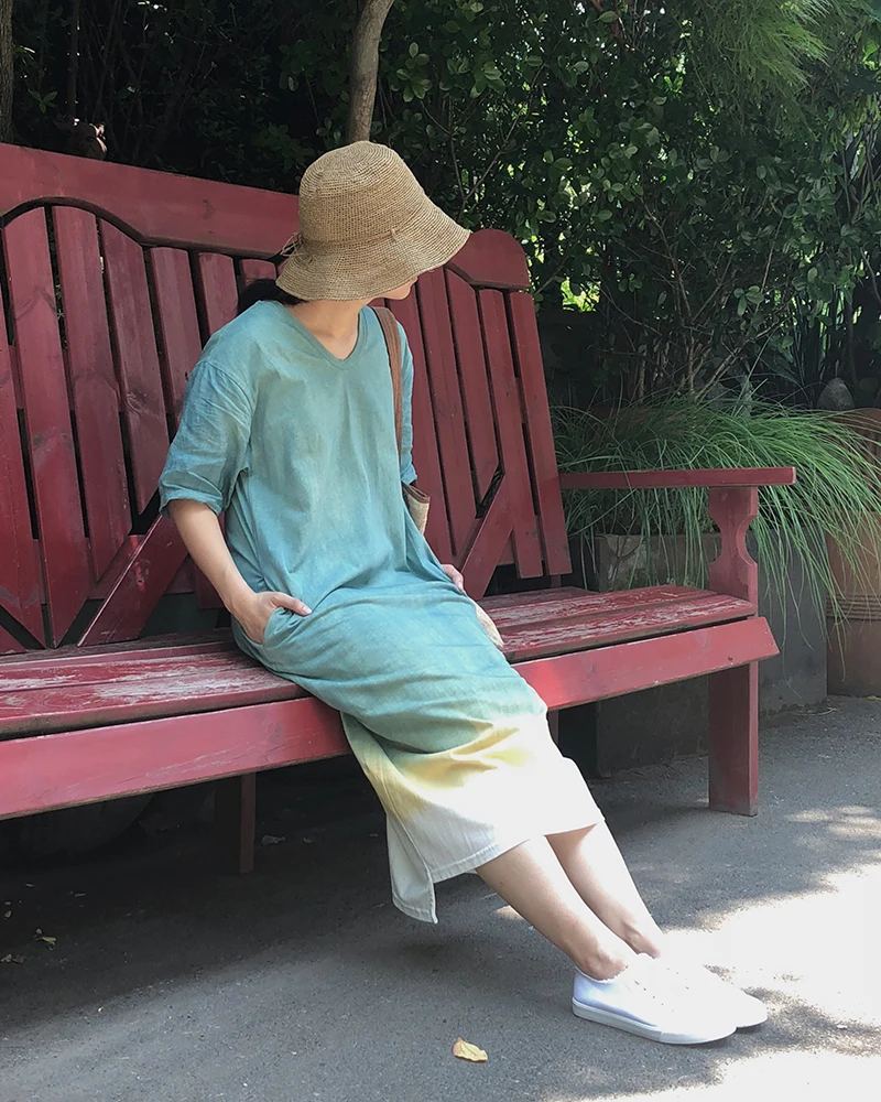 LinenAll женщин Мятное лето ручной работы 100% крашение простой хлопок вязать длинная