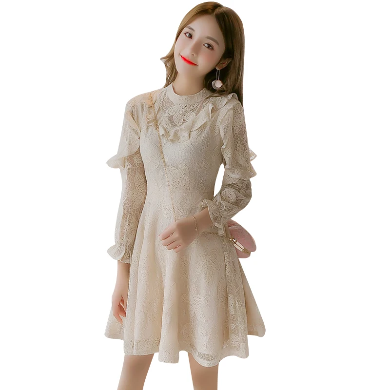 Женское платье в винтажном стиле С воротником с кружевом и оборками длинным