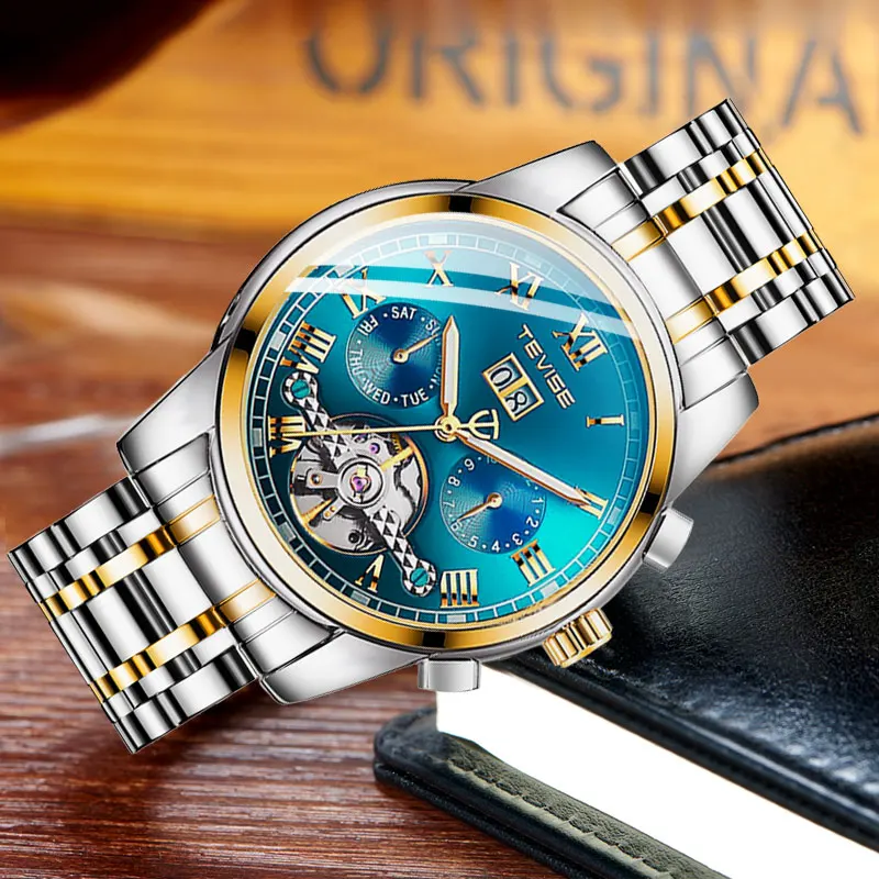 Роскошные TEVISE Мужские часы мужские из нержавеющей стали турбийон Календарь