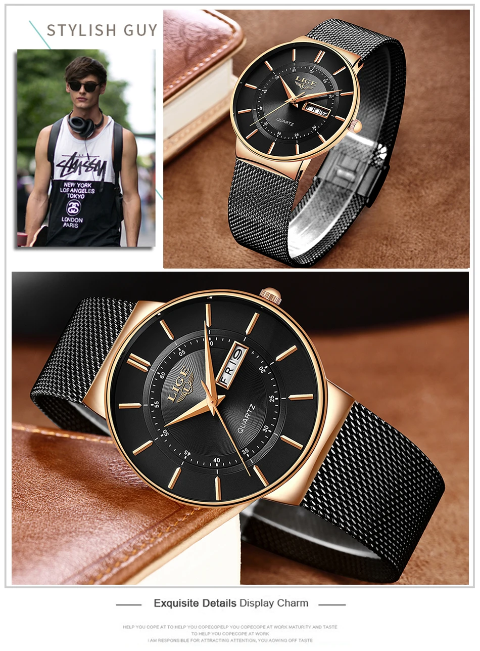 Relogio Masculino LIGE New Mens Watches Top Brand Luxury Ultra Thin Quartz Watch Men Steel Mesh Strap Waterproof Gold Watch