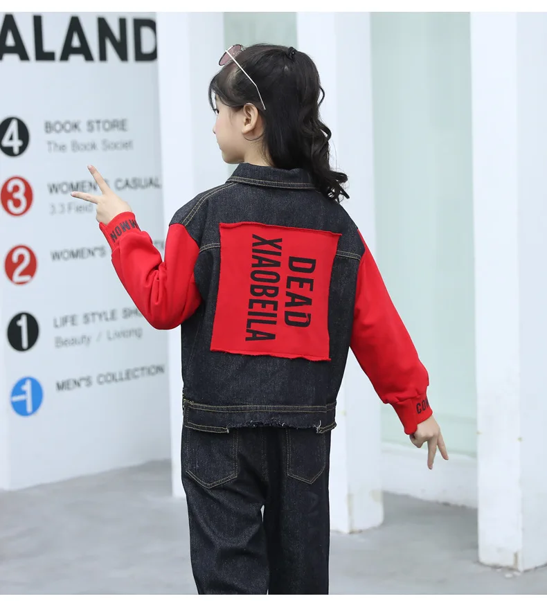 

Child Denim Clothing Set Children Clothing Letter Print Hole Denim Coat +Jeans Pant Children Girl Two Piece Suits Kid Streetwear
