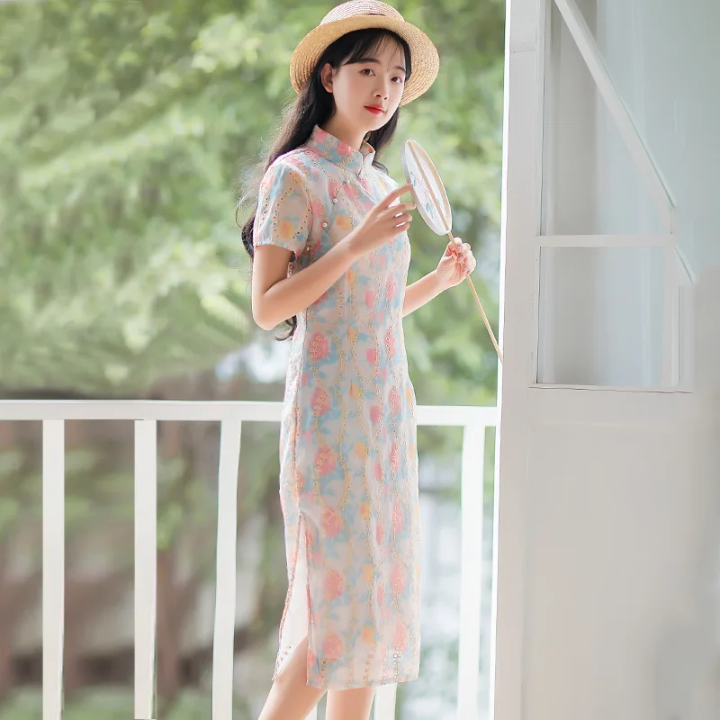 Китайское платье Ципао hanfu летнее с коротким рукавом Китайская традиционная