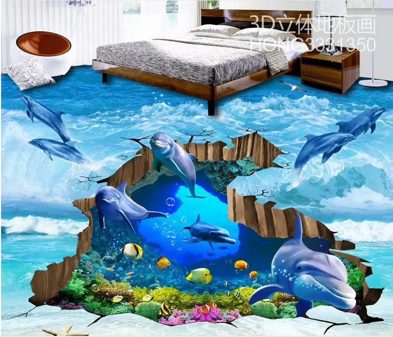 mural wallpaper 3d vinyl floor roll custom tiles Dolphins cracked underwater world flooring pvc water | Обустройство дома