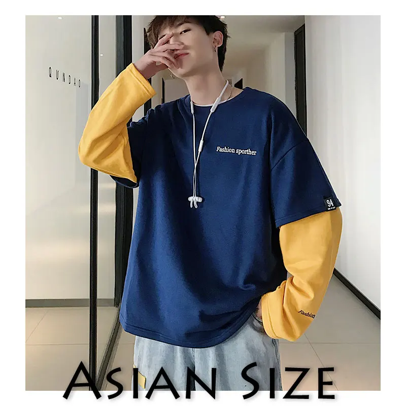 Blue(AsianSize) Privathinker корейский стиль Мужские толстовки Японский поддельные из двух частей мужские повседневные толстовки хип хоп Мужская Уличная Толстовка - Цвет: Blue(AsianSize)