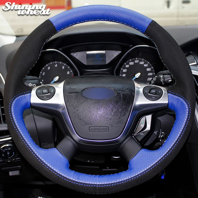 

Hand Sew Black Suede Blue Leather Car Steering Wheel Cover for Ford Focus 3 2012-2014 KUGA Escape 2013-2016 C-MAX 2011-2014