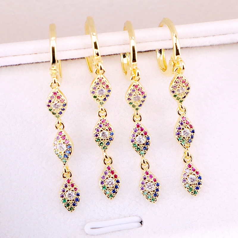 

6Pairs, Micro Pave CZ Multi Rainbow Crystal Eye shaped Fashion Tassel Dangle Earrings For Women Lady