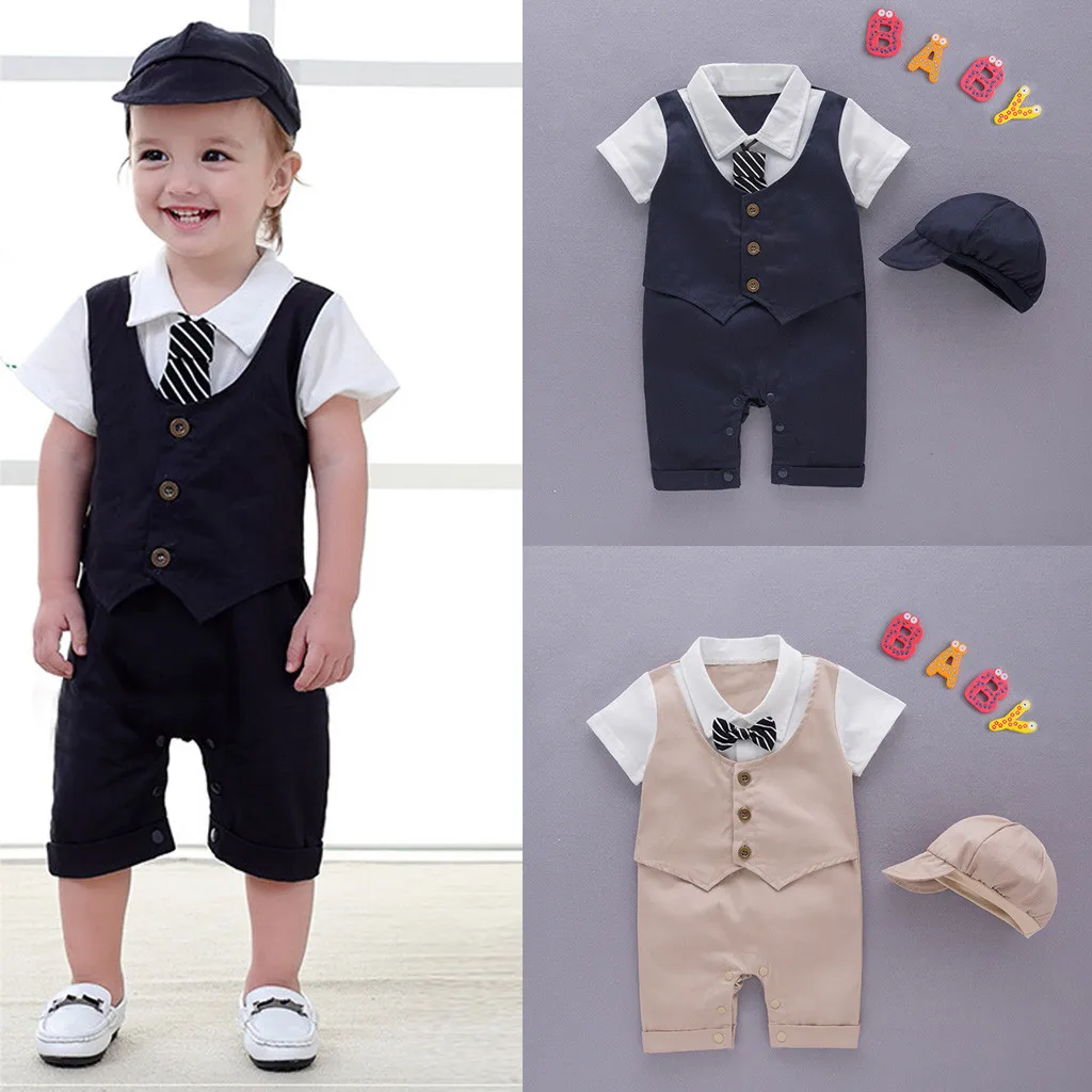 Children's gentleman's suit Infant Baby Short Sleeve Gentleman Romper Solid Print Jumpsuit +Hat boys clothes children clothes#06 |