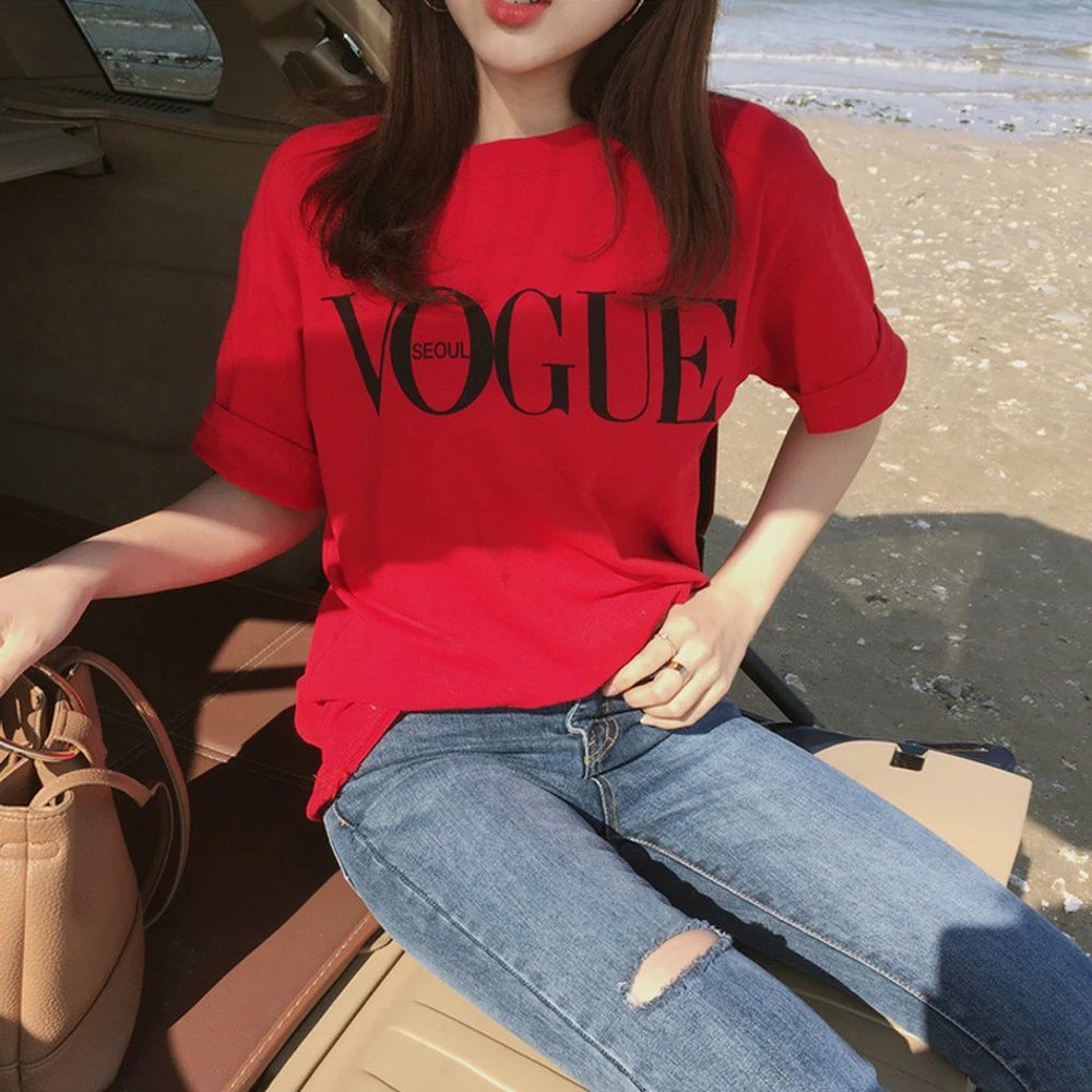 Женская футболка с буквенным принтом Vogue летняя уличная круглым вырезом и