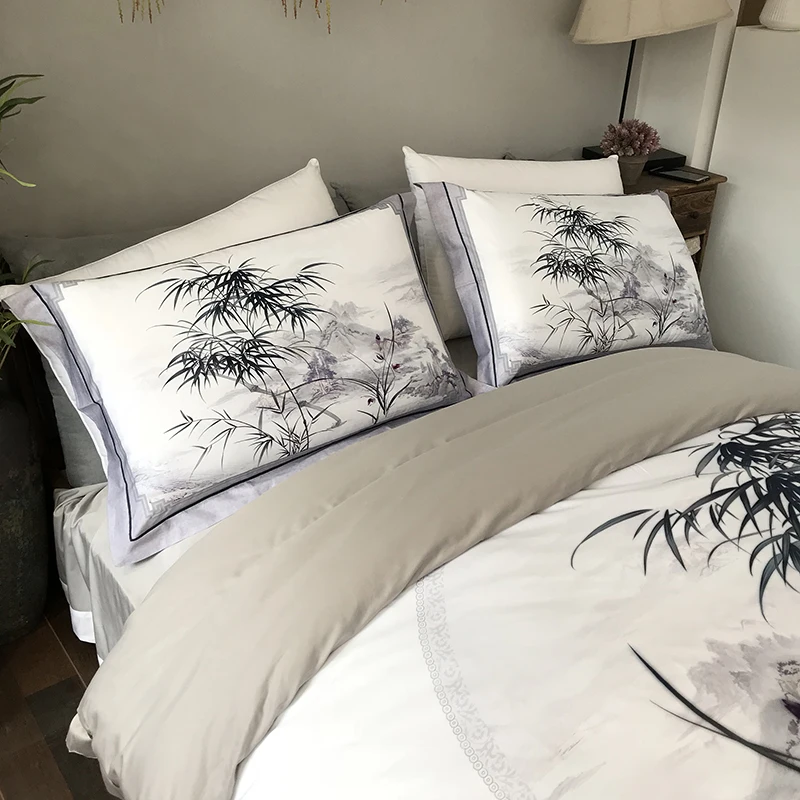 Китайский стиль белый 100% хлопок шлифовальный цветочный Комплект постельного