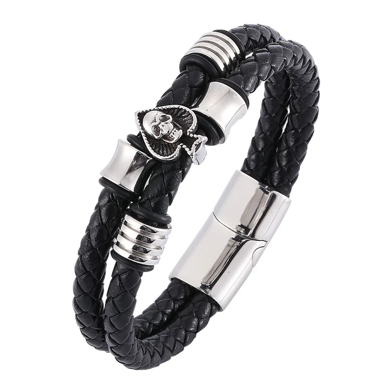 

New Punk Jewelry Men Double Layer Black Braided Leather Skull Bracelet Men Stainless Steel Magnetic Clasps Bracelet Retro SP0339