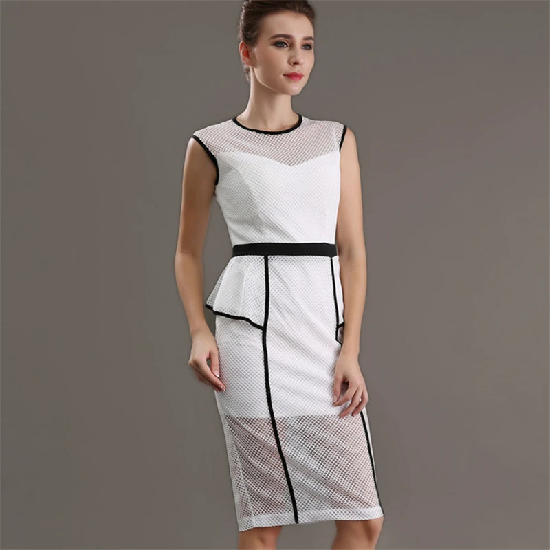 H Han Queen Mesh Dresses Women Sleeveless Hollow Out Perspective Slim Bodycon Sheath Pencil Work Casual Party Dress Vestidos | Женская