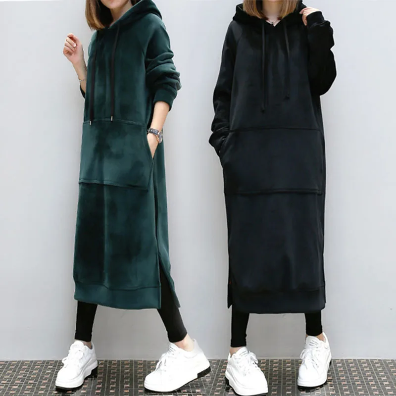 

Hoodie Dress Women 2018 Autumn Winter Fashion Thicken Warm Long Loose Gold Velvet Hoodies Sweatshirt Female Tops Plus Size LQ465