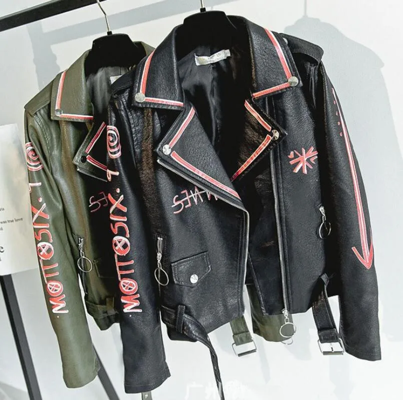 

High street punk style fashion women PU leather letter printing graffiti pattern leather Jackets Coat outerwear r426