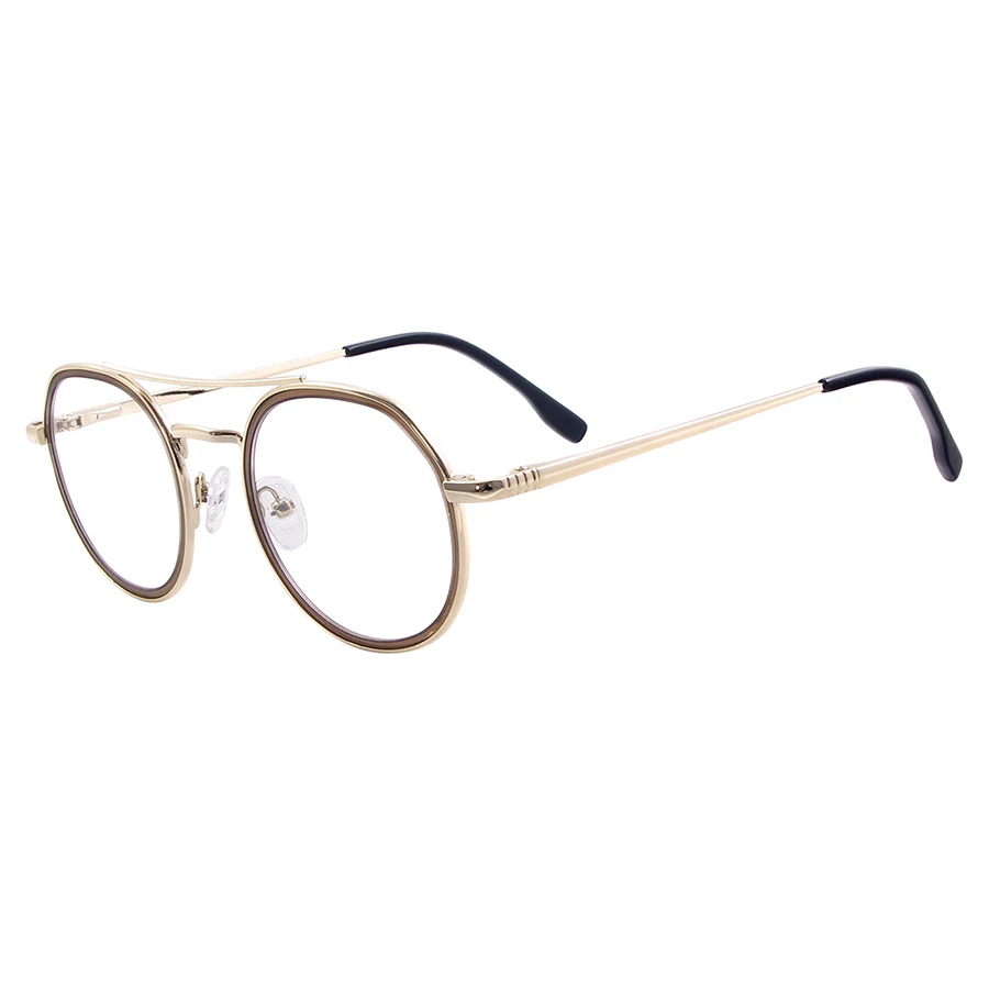 Men Women Round Vintage Eyeglasses Metal Full Rim Double Bridge Spectacles with Spring Hinge For Prescription Lenses - Цвет оправы: Золотой