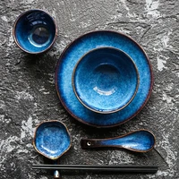 kinglang 5pcs set cat eye blue ceramic tableware set 1 person dinner det plate bowl cup sauce dish