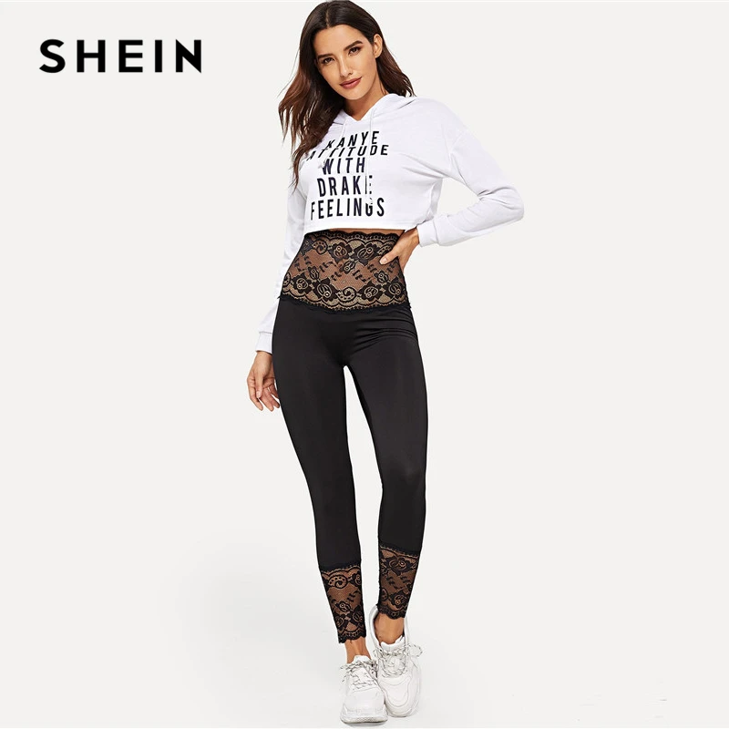 SHEIN Леггинсы С Кружевной Вставкой Высокой Талией И Фестончатым Краем Женские Сексуальные Леггинсы