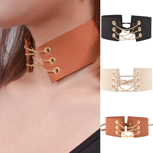 Новое Прибытие Винтаж Женщины Зашнуровать Бархат Choker Воротник Цепи Широкий