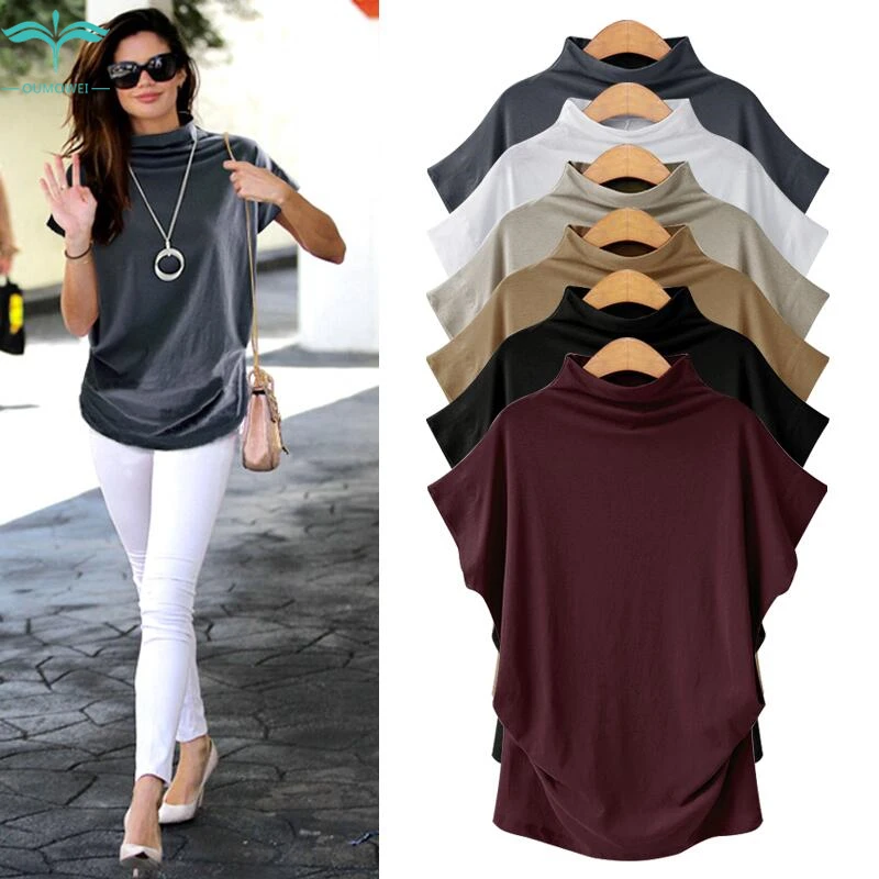 Женская футболка с коротким рукавом OUMOWEI джемпер полувысоким воротником