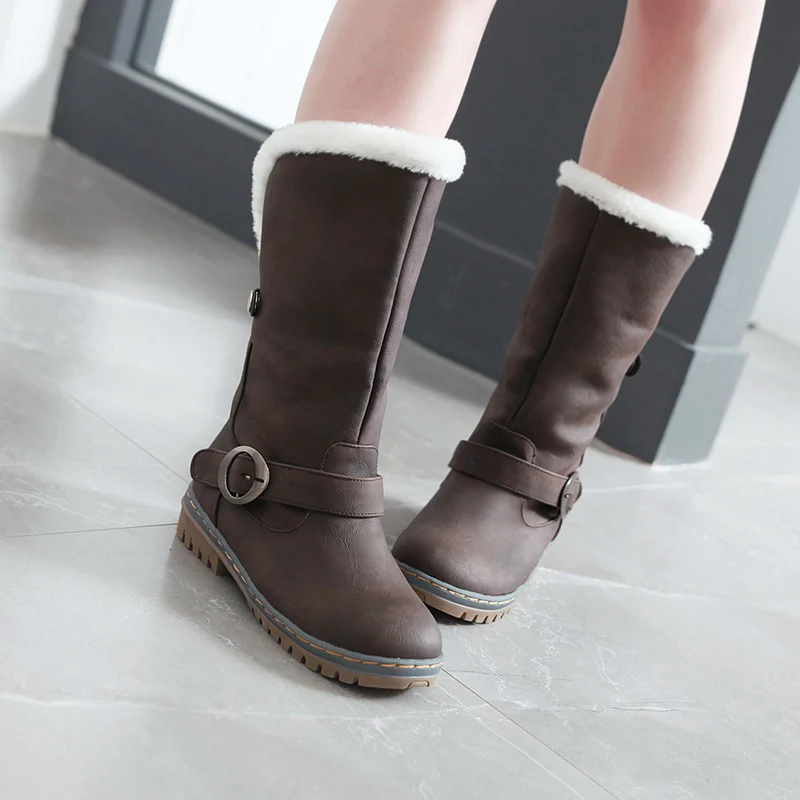 JK Plus Size 34-46 Low Thick Heels Women Boots Round Toe Flock Footwear Fashion Female Snow Mid Calf Shoes 2018 | Обувь