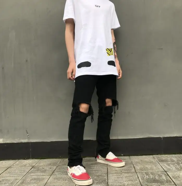 2019 Tide models Europe and America hole zipper jeans high street trend men's wild black Slim | Мужская одежда