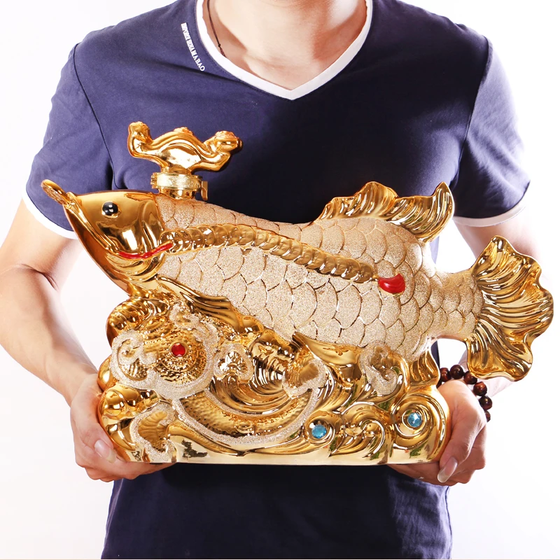 

46CM LARGE TOP COOL home OFFICE BAR CLUB Business ART FENG SHUI Money Drawing Gold Dragon Fish Arowana Ornament Wine pot statue