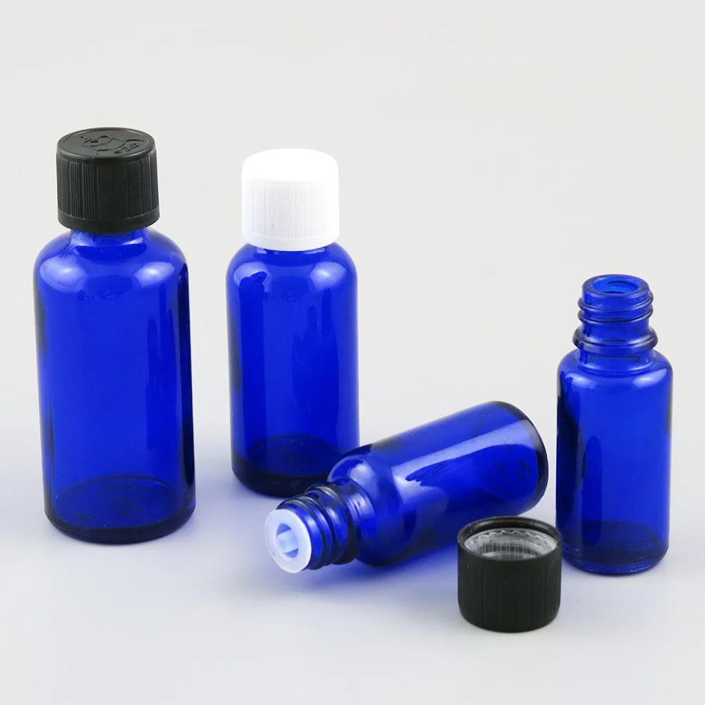 

360 x 5ml 10ml 15ml 20ml 30ml 50ml 100ml Refillable Empty Cobalt Blue Glass Essence Oil Bottle With Childproof Cap and Reducer