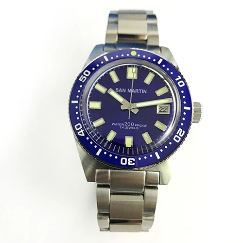 sapphire blue dial Мужские автоматические часы San Martin 62MAS, Водонепроницаемость 200 м, 12 светящийся ободок, ремешок из нержавеющей стали, мужские наручные часы для дайвинга - Цвет: sapphire blue dial