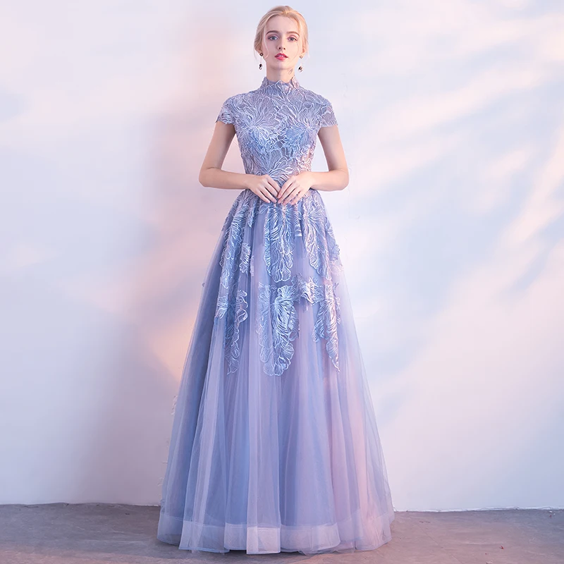 SSYFashion/Новое кружевное вечернее платье элегантное с высоким воротом серое синее