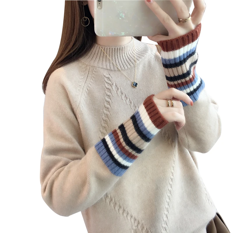 

2020 Small and Fresh Sweaters Women's New Coloured Sleeve Half-high Collar Show Slender and Lazy Wind Knitted Sweaters