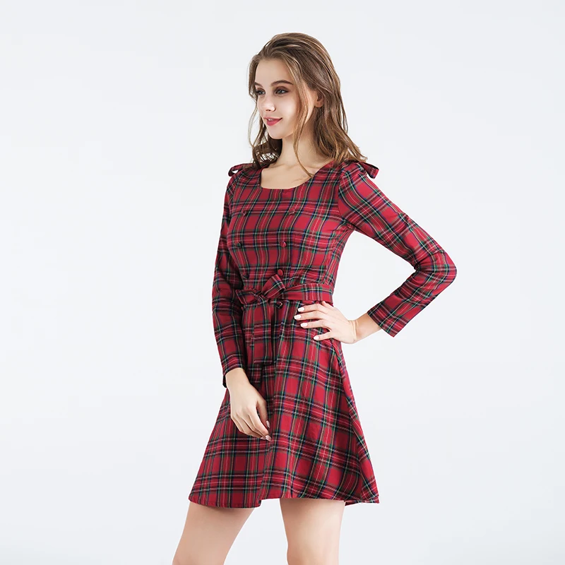 2017 Casual Dress Полоса Решетки Вокруг Шеи длинным Рукавом Талии Чтобы Показать Тонкие