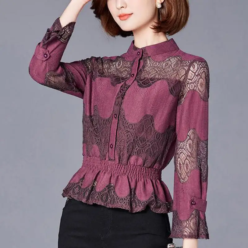

Fall Spring Fashion Women Mandarin Collar Ruffle Full Sleeve Slim Chiffon Blouse , Elegant Woman Hollow Out White Purple Blouses