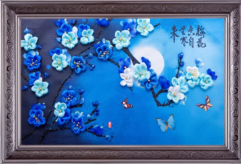 

3D blue plum Ribbon embroidery kit with needle canvas paint handcraft stain DIY handmade needlework wall art decor gift idea