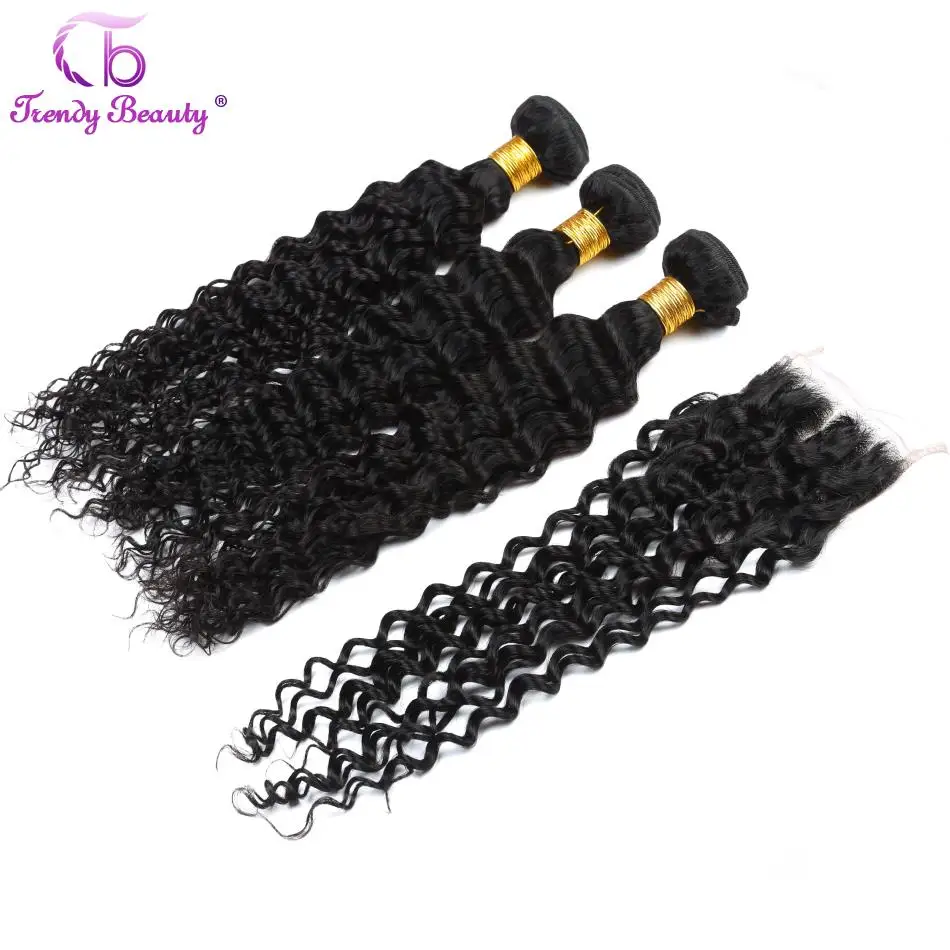 Malaysian Deep Curly Human Hair Weave Extensions 3Bundles with Closure 8-28 Inches Color #1B Can Be Dyed Trendy Beauty Hair