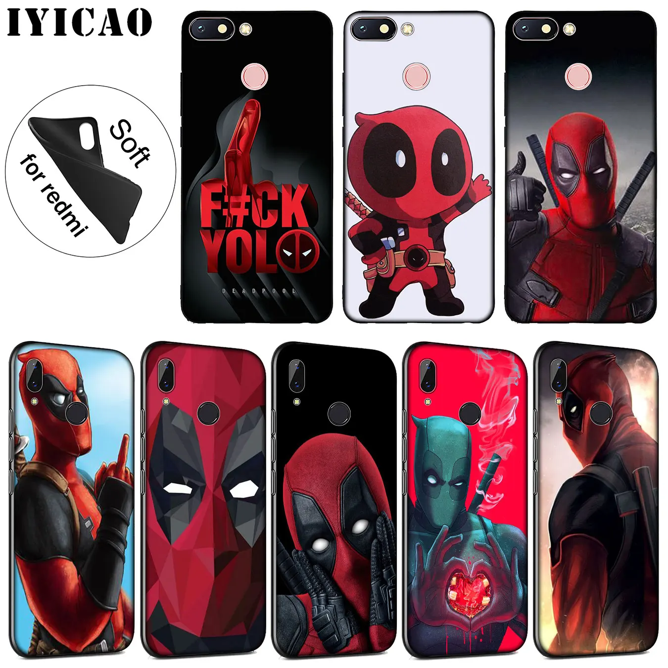 IYICAO Deadpool Soft Silicone Phone Case for Xiaomi Redmi K30 K20 8A 7A 6A 5A S2 GO Note 8 8T 7 5 6 Pro Black TPU Cover |