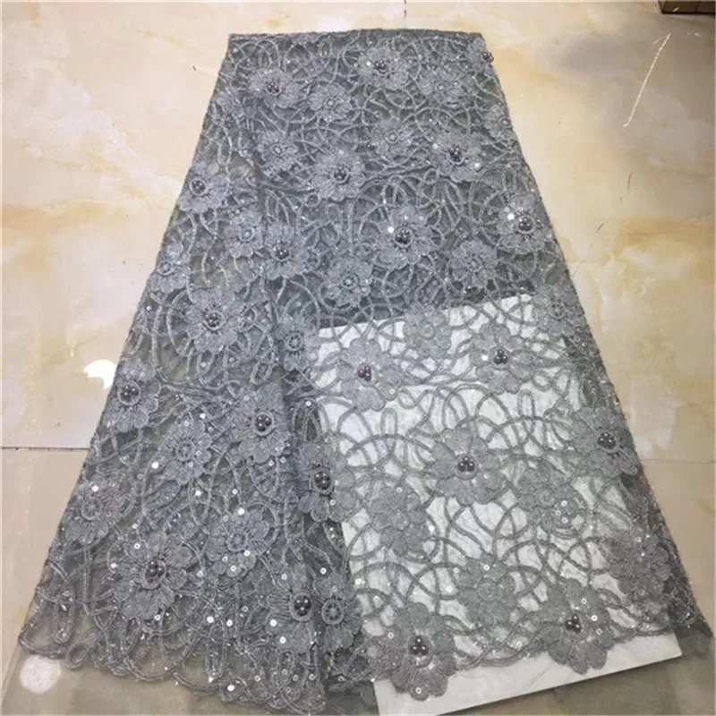 Новинка 2019 Африканский материал кружевная ткань с бисером для свадьбы цвет серый
