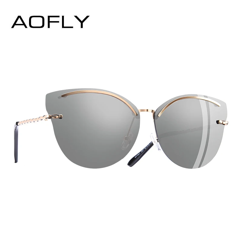 C4Silver AOFLY, фирменный дизайн, кошачий глаз, солнцезащитные очки, женские, модные, зеркальные, отражающие, солнцезащитные очки, без оправы, оправа, сплав, ноги, очки, UV400 - Цвет линз: C4Silver