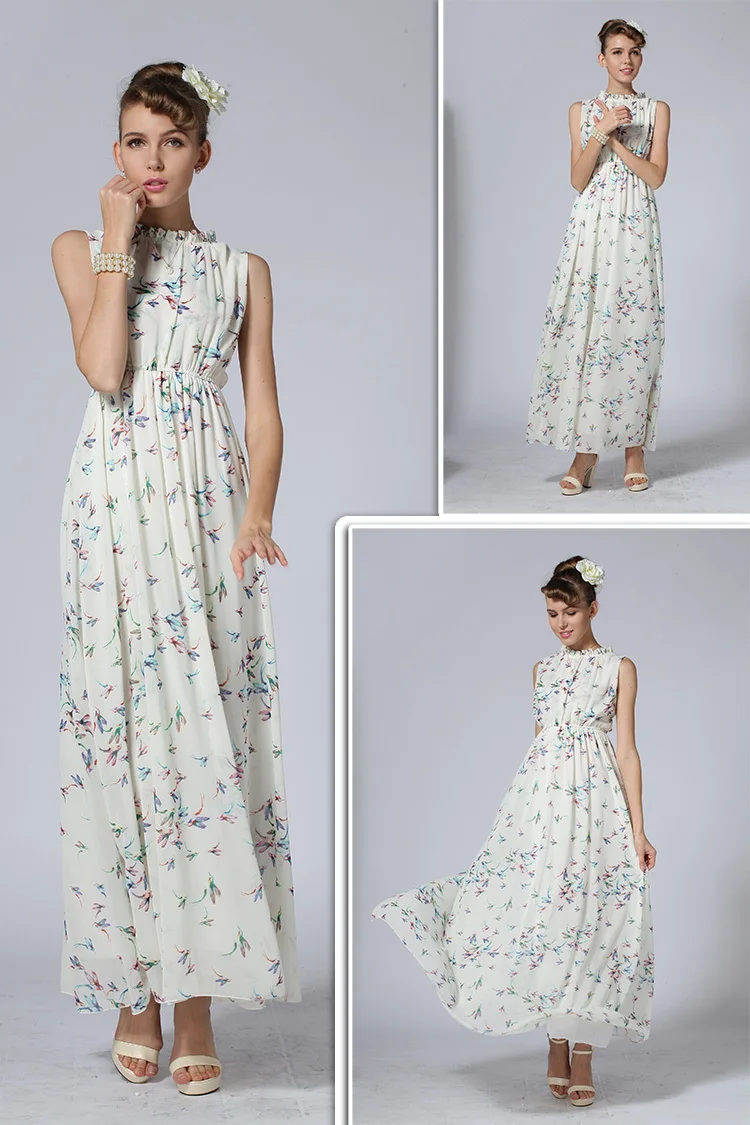 2015 Summer Style Black White Pleated Maxi Robe O-neck Tank Loose Print Floral Women Beach Chiffon Vestidos Long Bohemian Dress | Женская