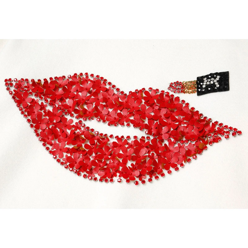 Harajuku 2018 Women Sweater Autumn Winter Brand Designer Hand Made Diamonds Red Lips Sequined Tops Female Lipstick Knit | Женская одежда