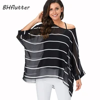 bhflutter 4xl 5xl 6xl plus size blouse shirt women new striped print summer tops tees batwing sleeve casual chiffon blouses 2019