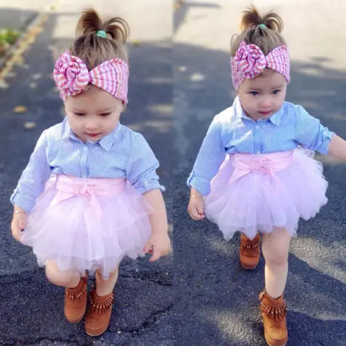 Kids Baby Girls clothes cotton Stripes T-shirt Top +Lace Tutu Skirt Outfits Set Clothes 2pcs | Мать и ребенок