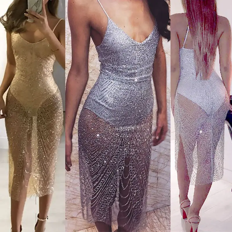 Летнее женское платье Бандажное без рукавов прозрачное сексуальное блестящее