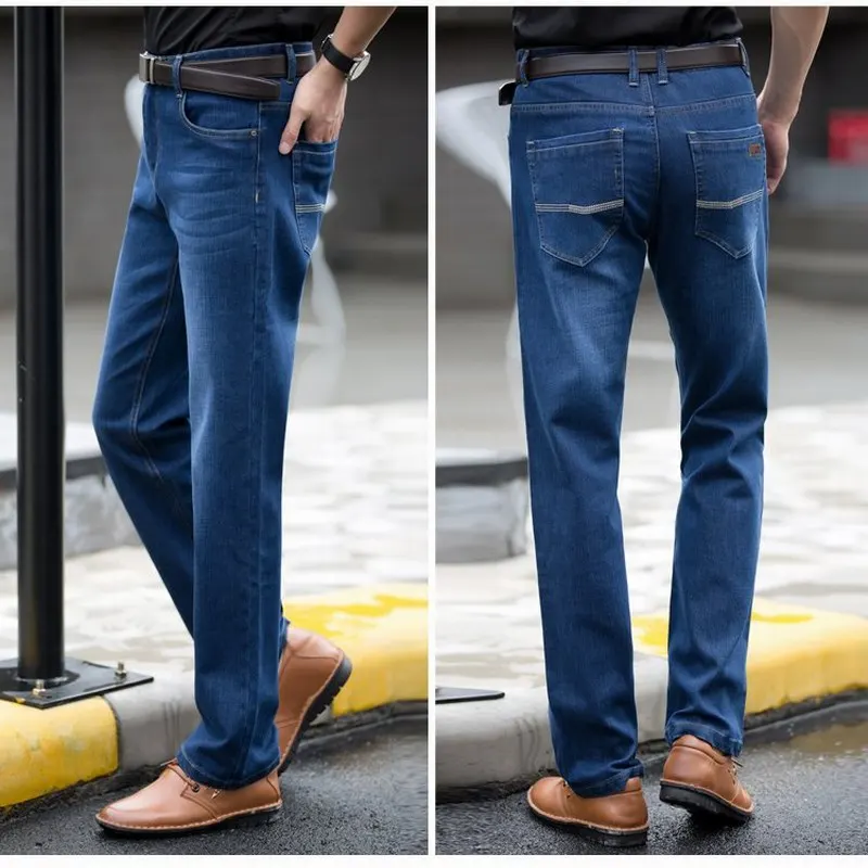 Мода 2017 г. бренд синие джинсы Slim Fit Для мужчин Повседневное прямые джинсовые