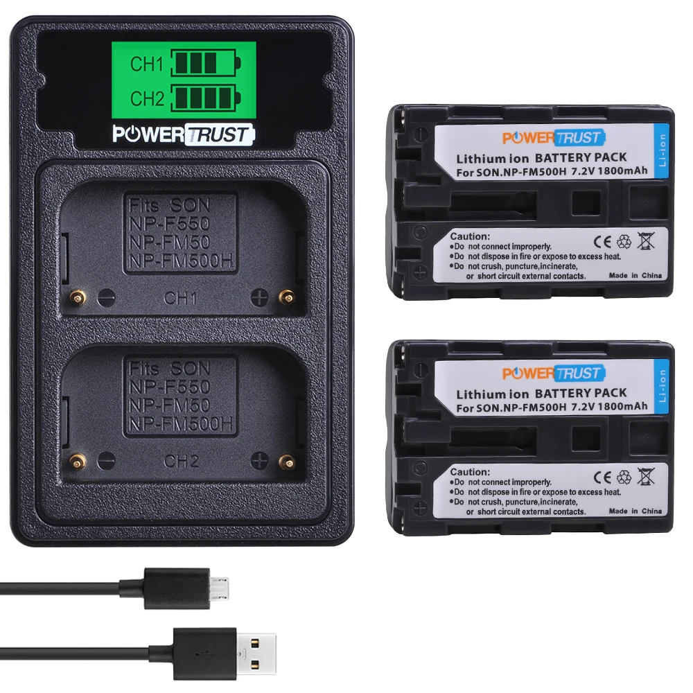 

Powertrust 2 шт NP-FM500H батарея камеры + LCD USB двойное зарядное устройство с портом типа C для Sony A200 A200K A200W A300 A350 A450 a580
