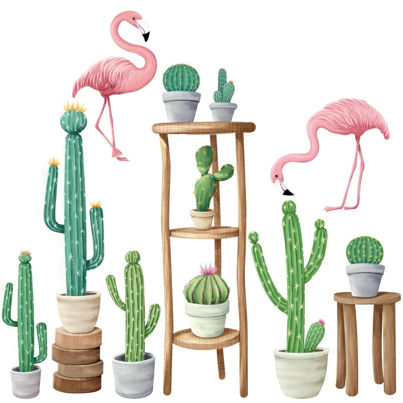 Flamingo Cactus Potted Plant Wall Stickers Living room Bedroom Kids Home Decor Vinyl Decals Removable PVC Art Murals | Дом и сад