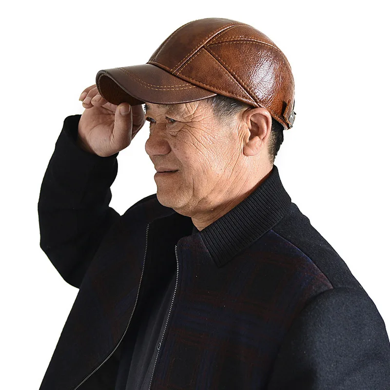 Кожаная шапка мужская осенняя и зимняя теплая кожаная шляпа среднего возраста