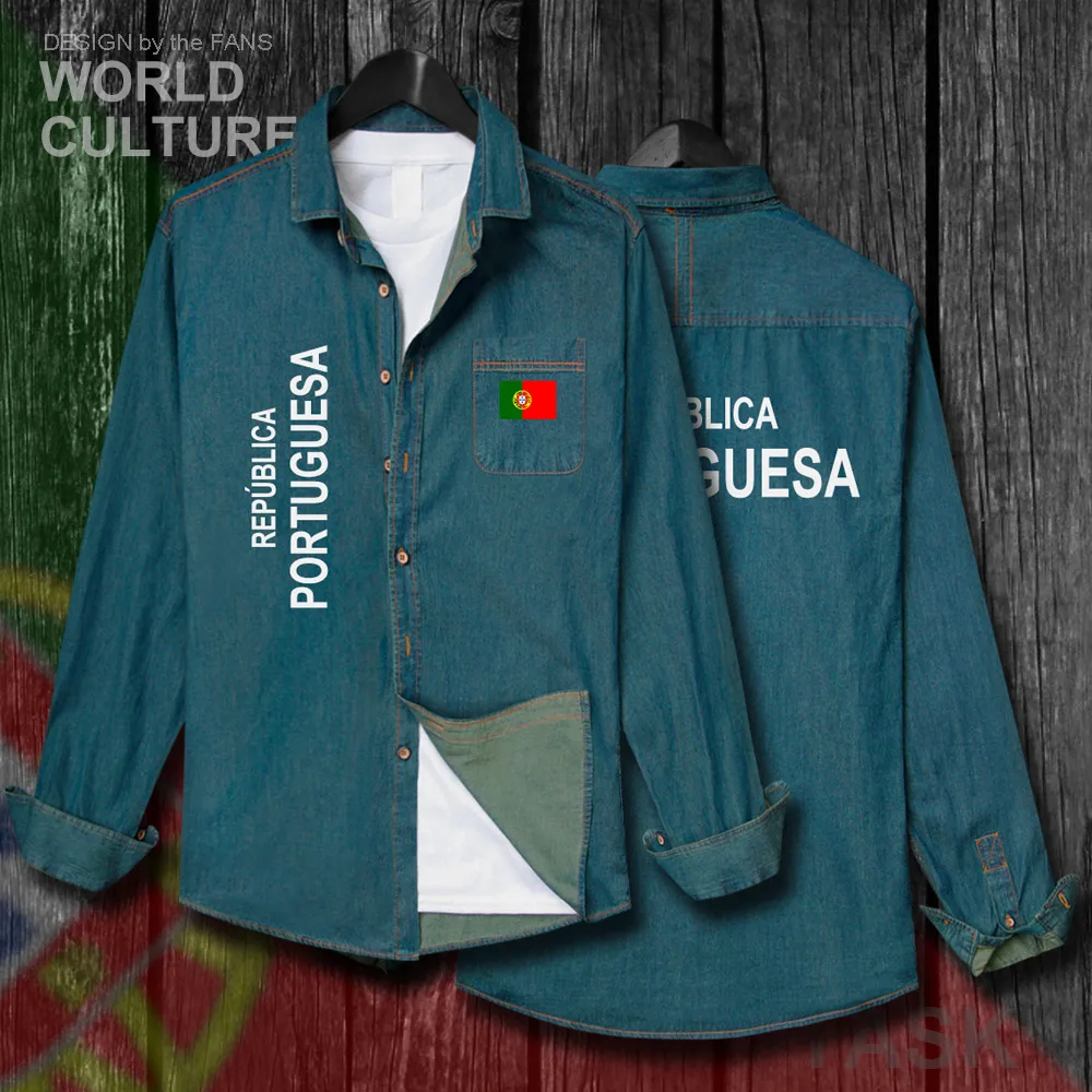 

Portugal Portuguese Portuguesa PT Men Autumn Cotton Flags Turn-down Collar Jeans Shirt Long Sleeve Cowboy Coat Fashion Clothes
